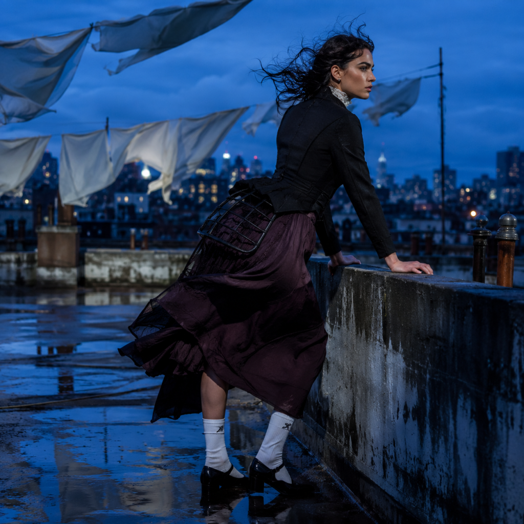 Person in Victorian-style outfit leans on wet rooftop ledge as wind whips hair and clothesline sheets, city skyline behind