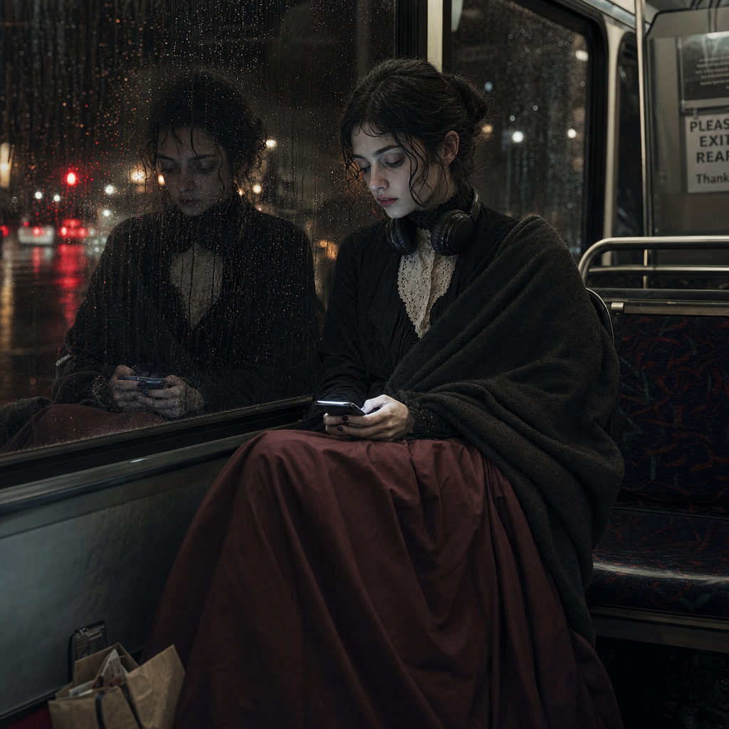 Person on a rainy-night bus, wrapped in a shawl and looking at a phone, reflected in the wet window.