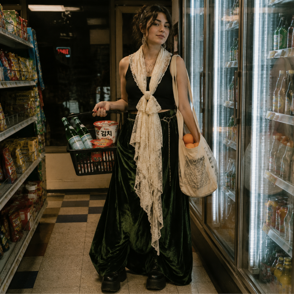 Person in a convenience store aisle holding a basket with bottles and kimchi cup, tote bag with oranges beside fridges
