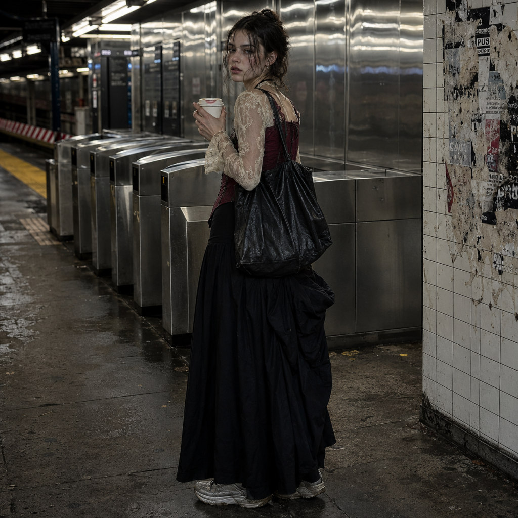 Person in a long black skirt and lace top holding a coffee near subway turnstiles, carrying a large bag