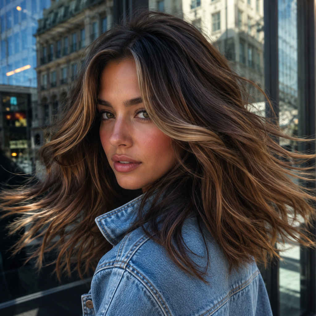 Person with wavy brown hair in motion wearing a denim jacket, standing by a glass wall in a city street.