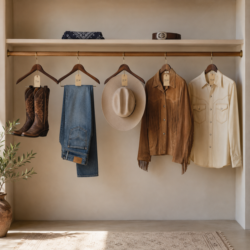 Closet rod with cowboy boots, jeans, hat, fringed jacket, and white shirt on hangers with price tags