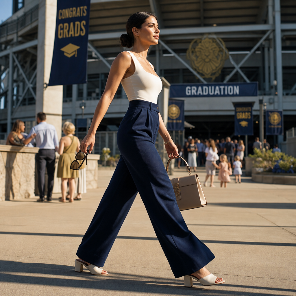 Woman walking outside a graduation venue, holding a handbag and sunglasses, with “Congrats Grads” banners in background