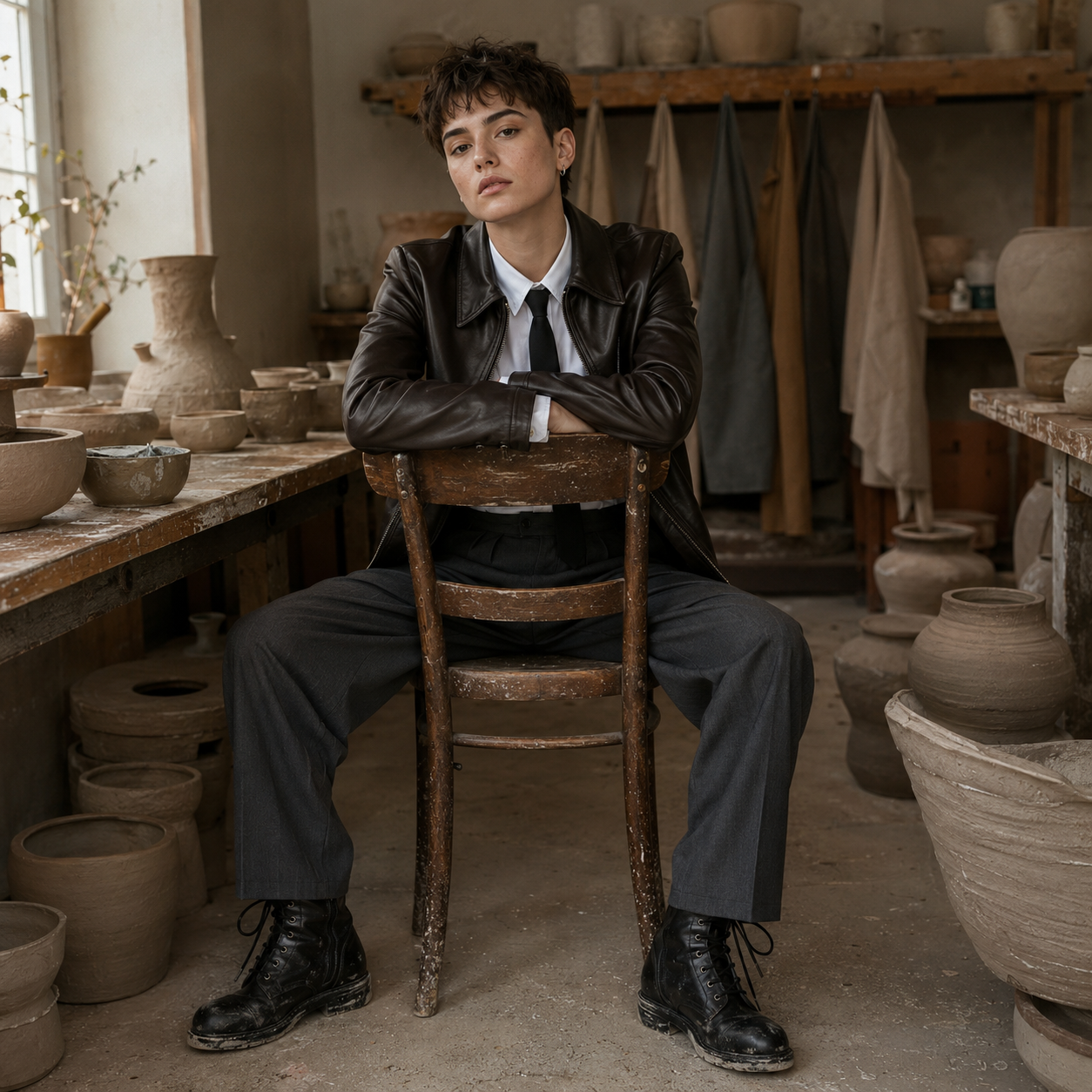 Person in a leather jacket sits backward on a chair in a pottery studio, surrounded by clay pots and shelves