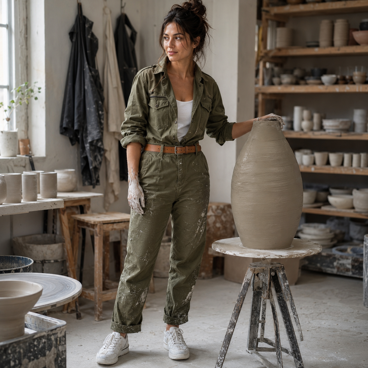 Ceramic artist in a studio stands beside a large clay vase on a pottery wheel, hands dusty with clay