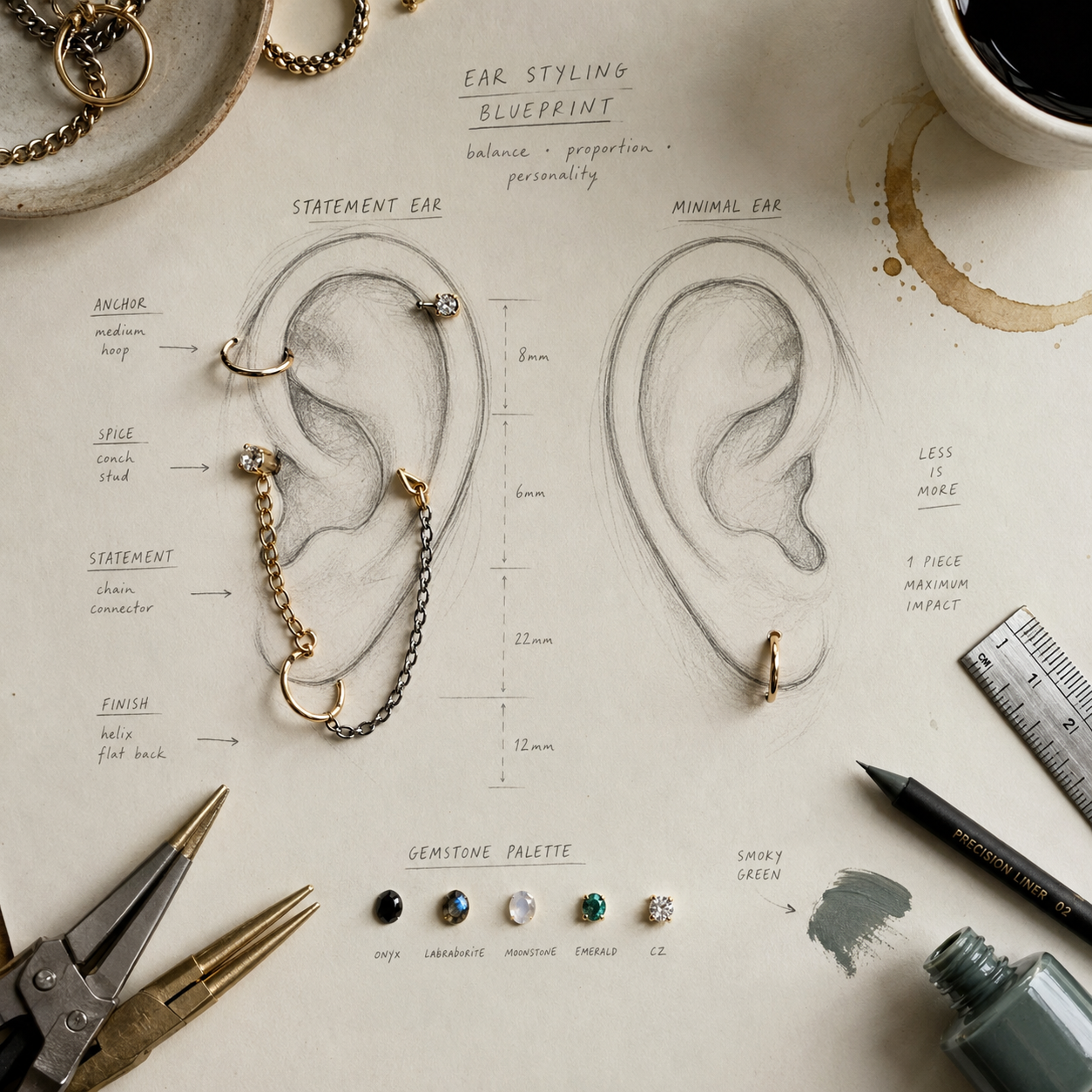 Hand-drawn ear styling blueprint showing statement and minimal earrings, with jewelry tools, gemstones, and coffee stains.