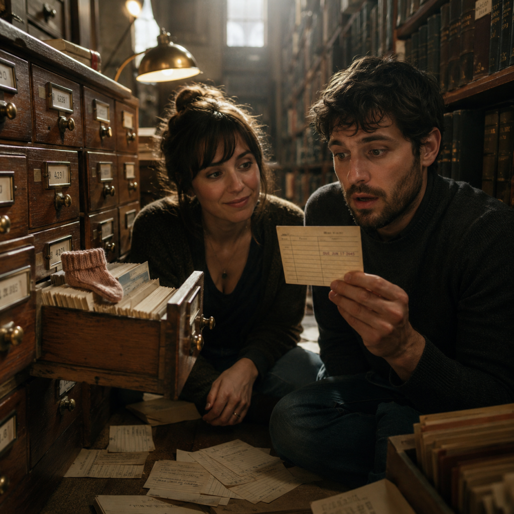 Two people search library card catalog, with an open drawer of index cards as one reads a card.