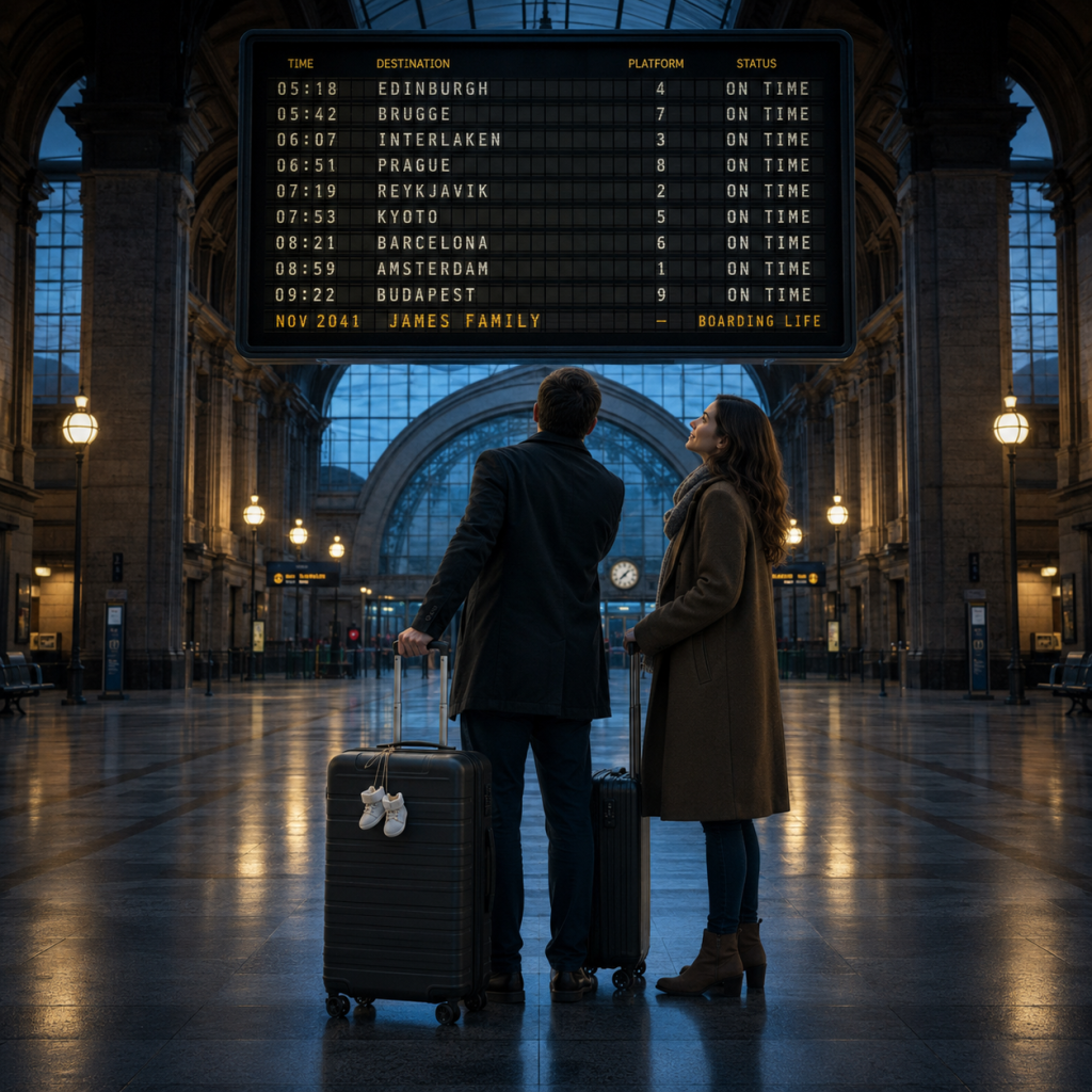 Couple with suitcases in a grand train station, looking up at a departure board listing on-time destinations.