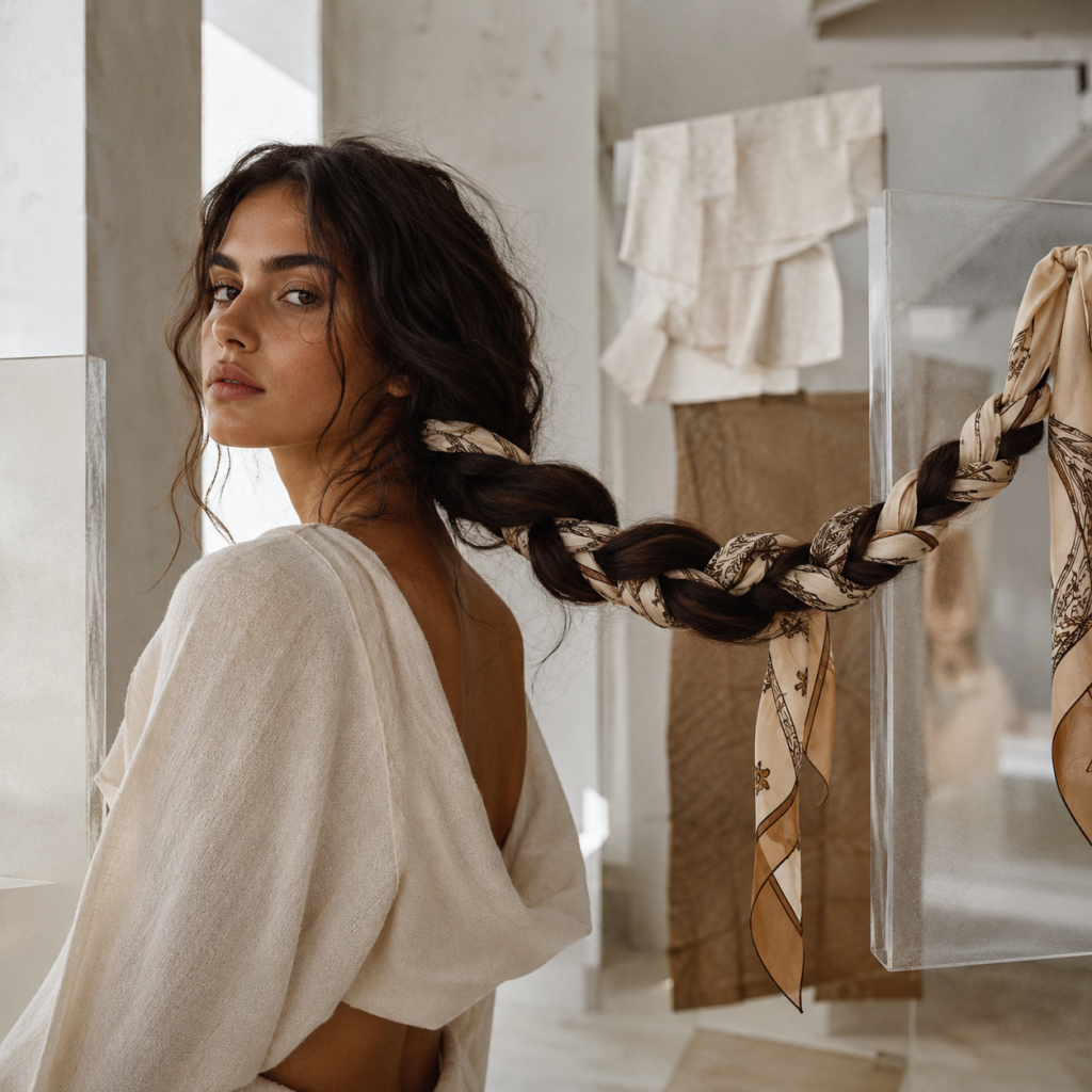 Woman in a white backless top with long braided hair wrapped in a patterned scarf, looking over her shoulder indoors