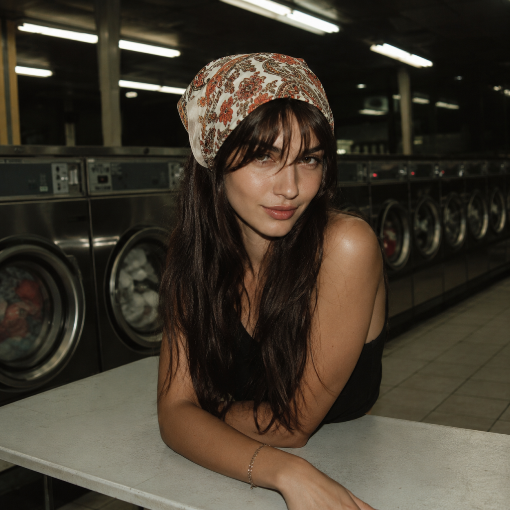 Woman with patterned headscarf leaning on a table in a laundromat, washers and fluorescent lights behind her