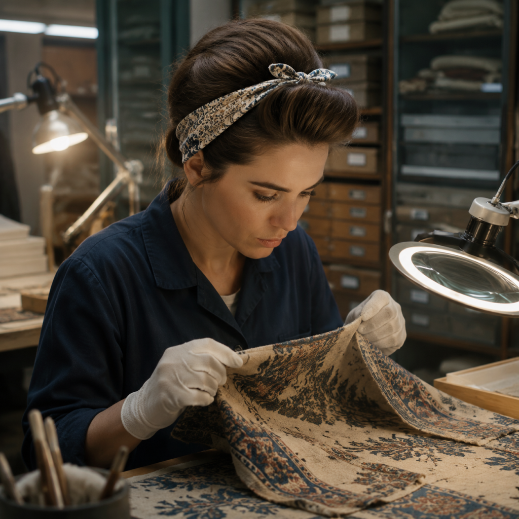 Conservator in gloves examines a patterned textile under a magnifying lamp in an archive workspace