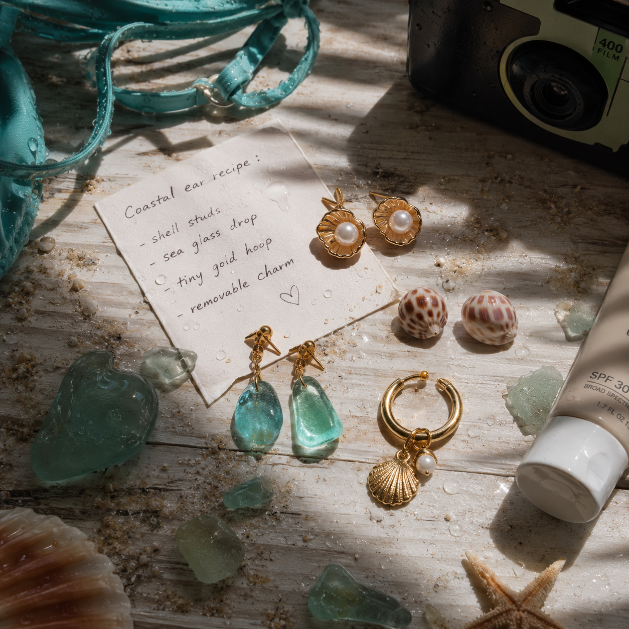 Coastal jewelry flat lay with note, sea glass earrings, shell studs, hoop charm, seashells, and film camera on sanded table