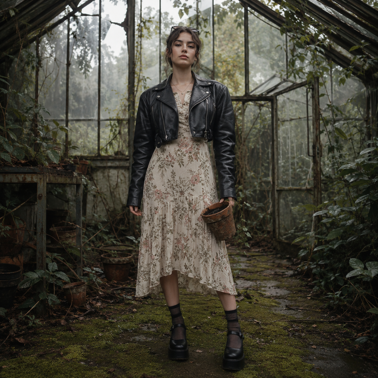 Woman in floral dress and leather jacket holding a pot, standing in an overgrown, abandoned greenhouse.
