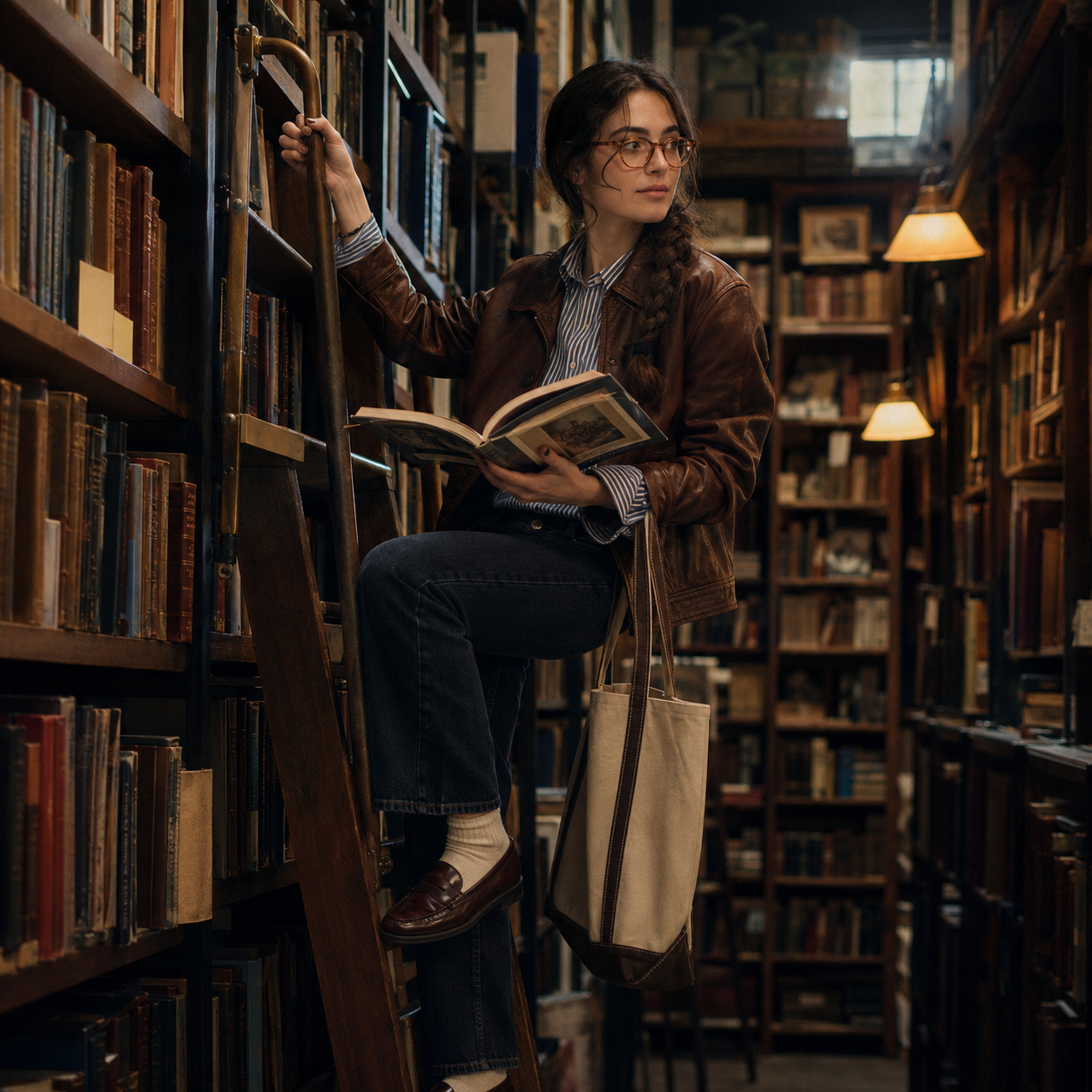 Woman on library ladder holding an open book, browsing tall shelves with a tote bag over her shoulder