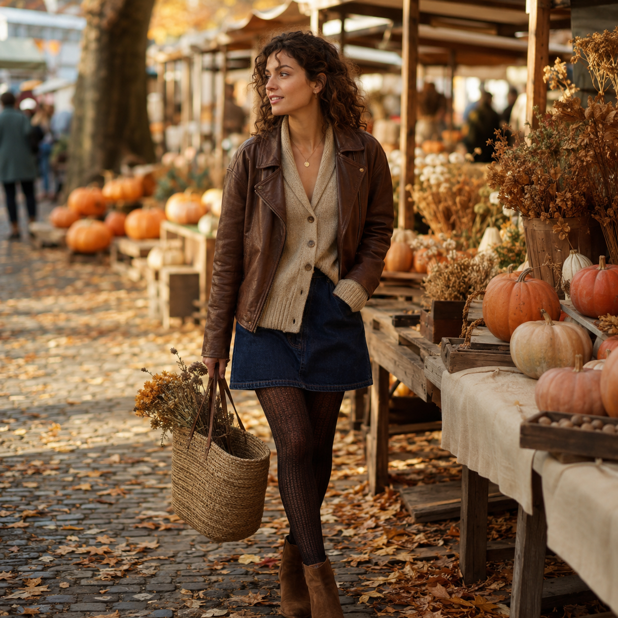 Woman holding woven basket walks past pumpkin stalls at an autumn market, wearing brown jacket and denim skirt