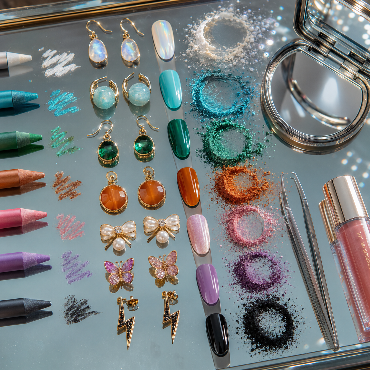 Colorful makeup pigments and crayons with assorted gemstone earrings, nail polish swatches, compact mirror, tweezers, and lip gloss.