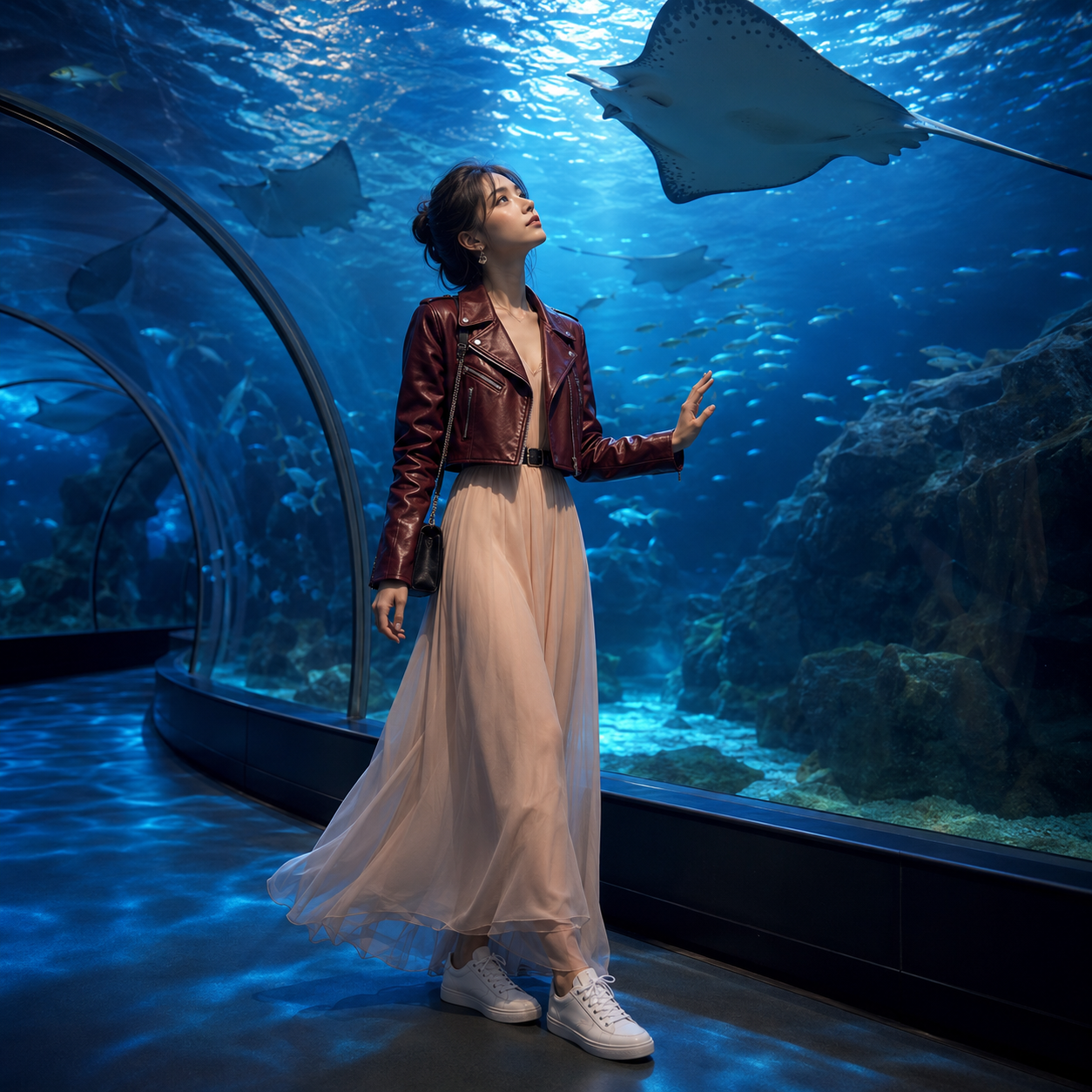 Woman in an aquarium tunnel looking up at a stingray swimming overhead, surrounded by blue water and fish