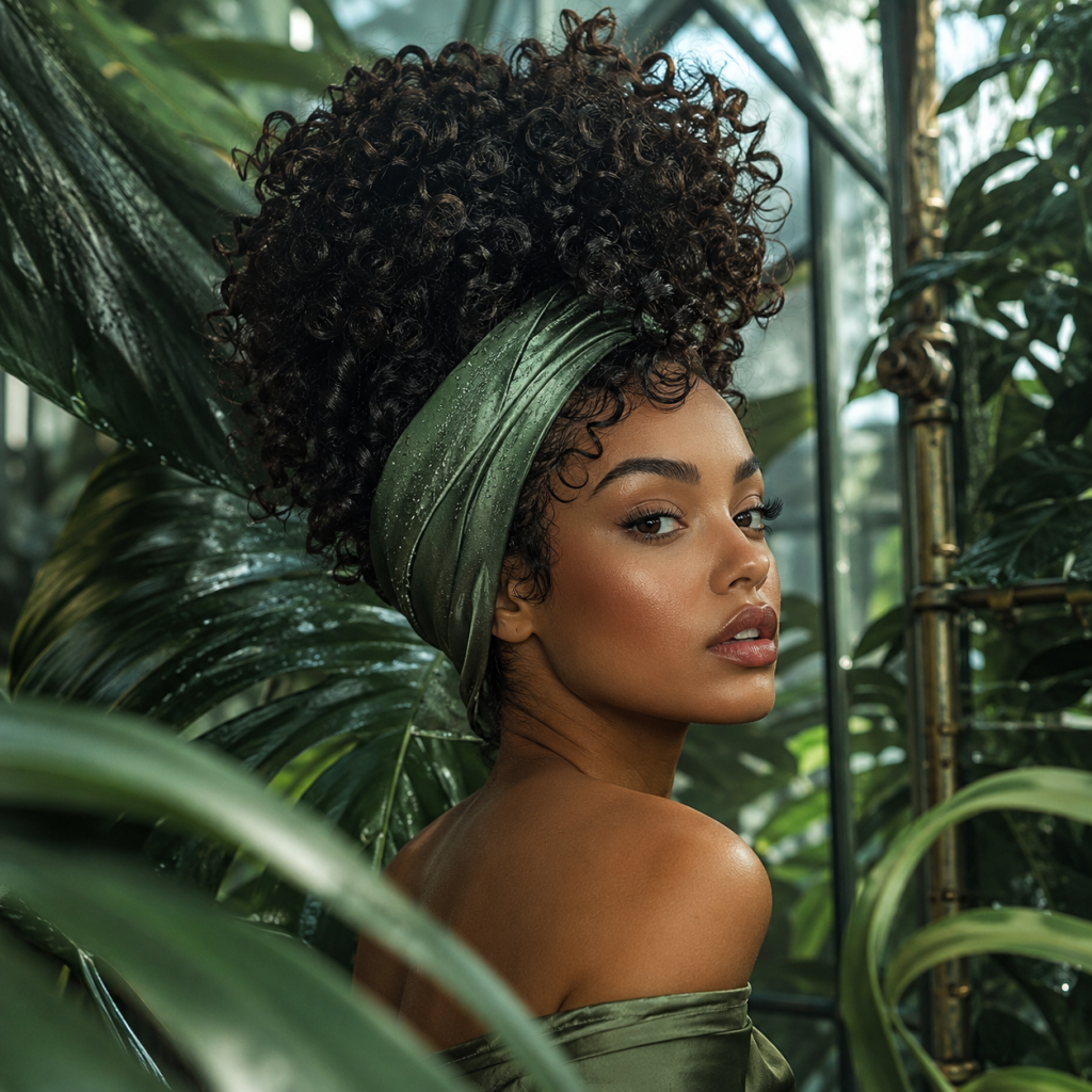Woman with curly updo and green headwrap posing in a lush greenhouse among large tropical leaves