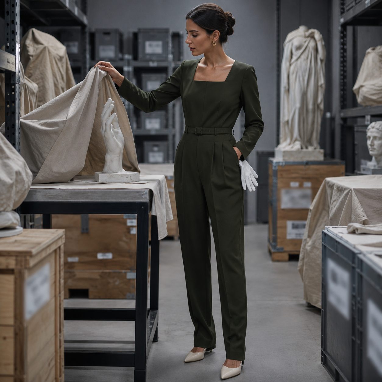 Woman in dark green jumpsuit lifts cloth to reveal white sculpture hand in a museum storage room with crates and statues
