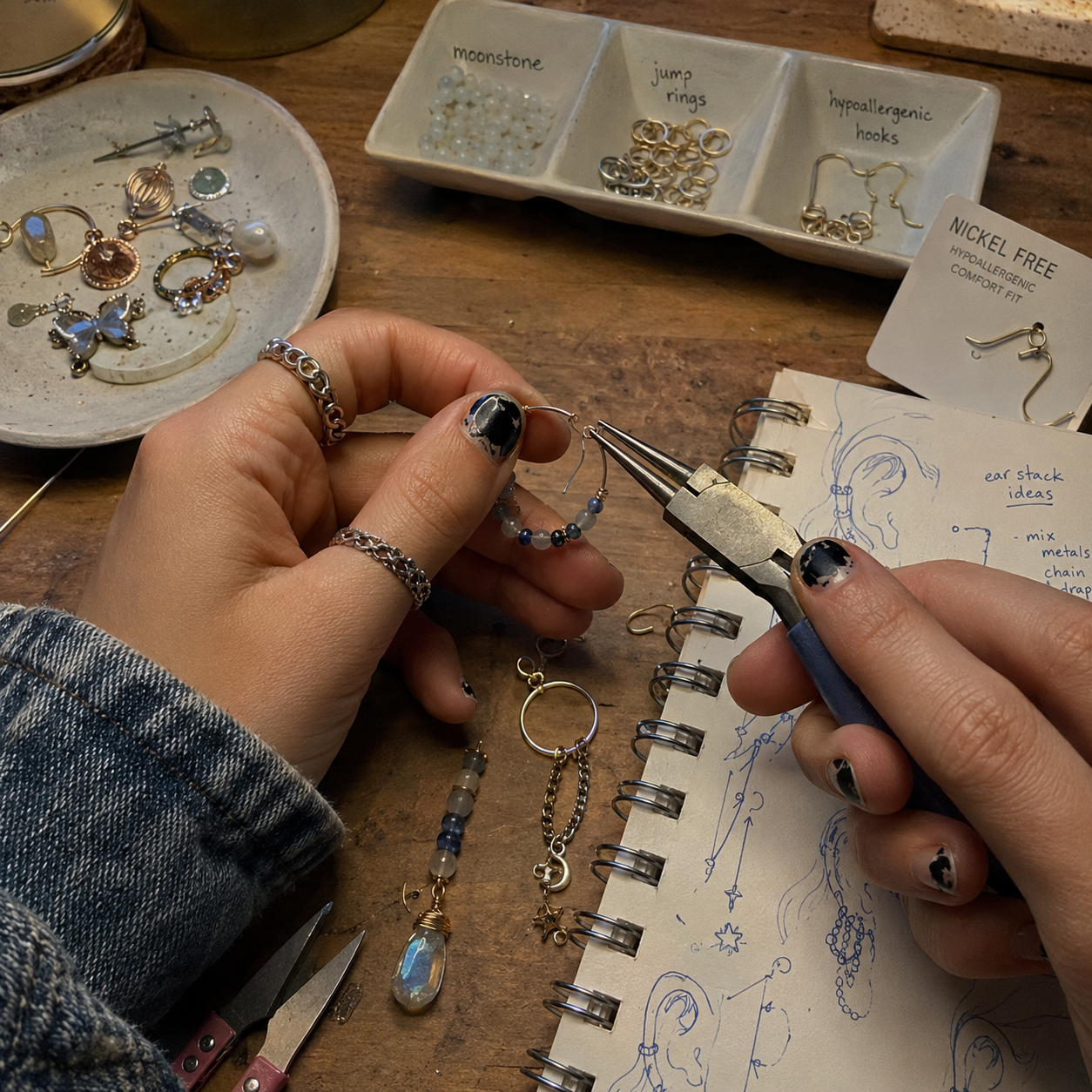 Hands using pliers to make beaded jewelry on a workbench with findings, earrings, and an ear sketch notebook