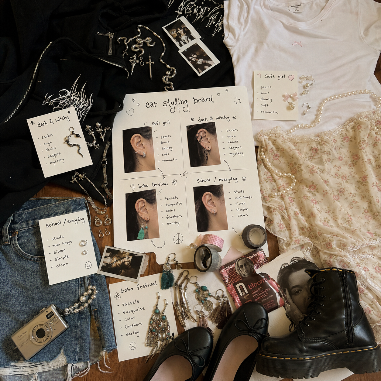 Flat lay of outfits and accessories with an “ear styling board” showing earring looks and photos.