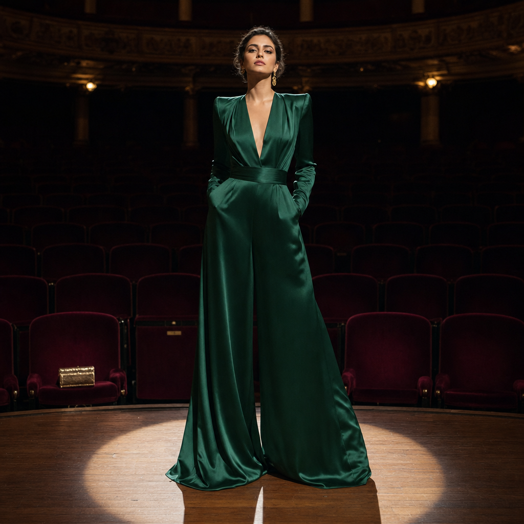 Person in emerald green satin jumpsuit standing in a spotlight on an empty theater stage.