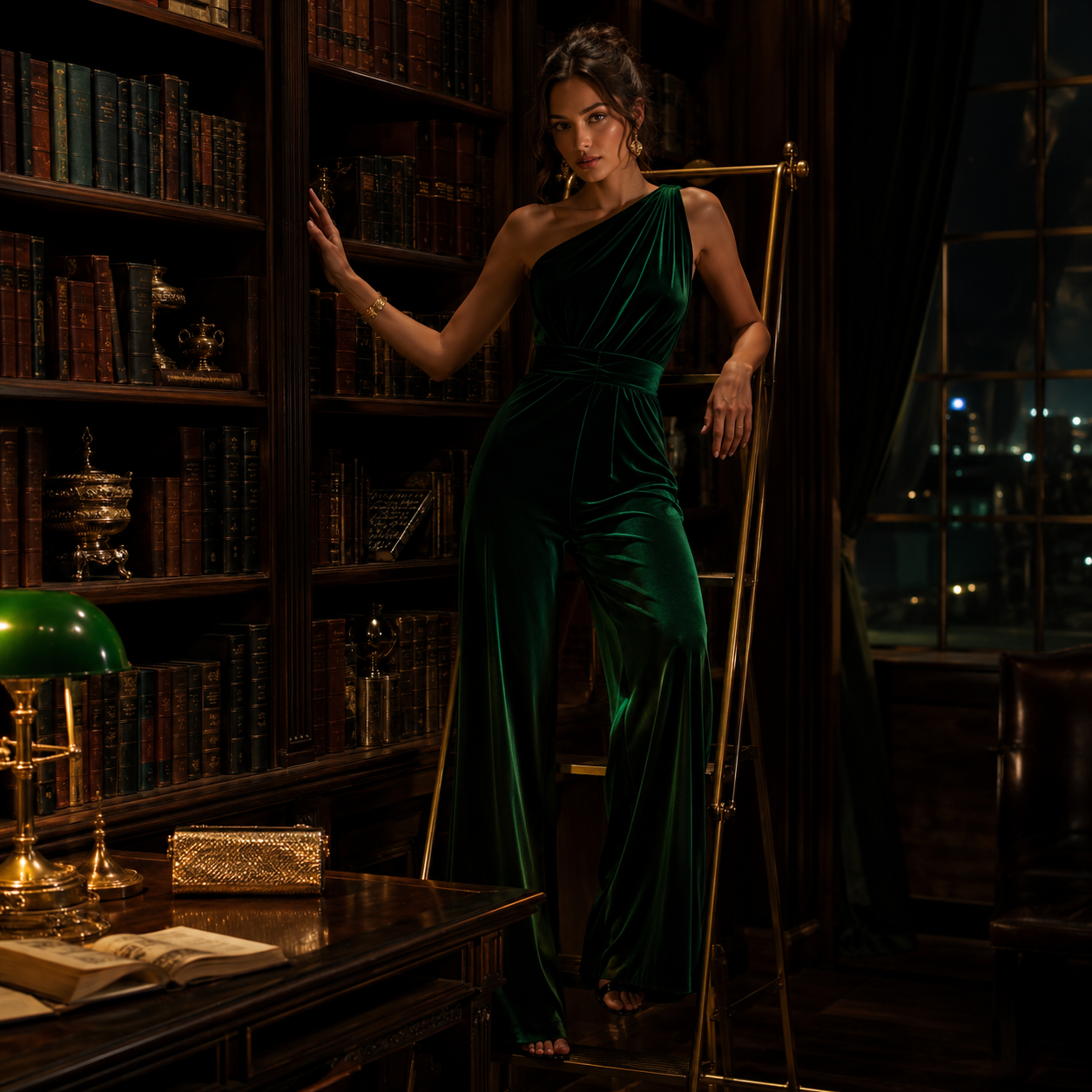 Woman in emerald one-shoulder jumpsuit standing by a rolling ladder in a dim, book-lined library at night