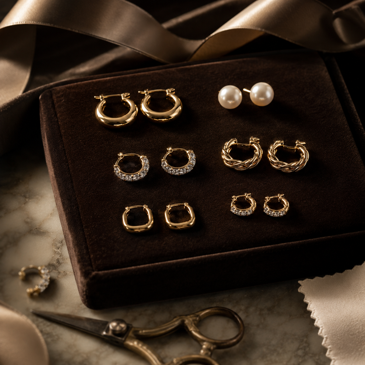 Assorted gold hoop earrings and pearl studs arranged on a dark velvet tray with ribbon and scissors nearby