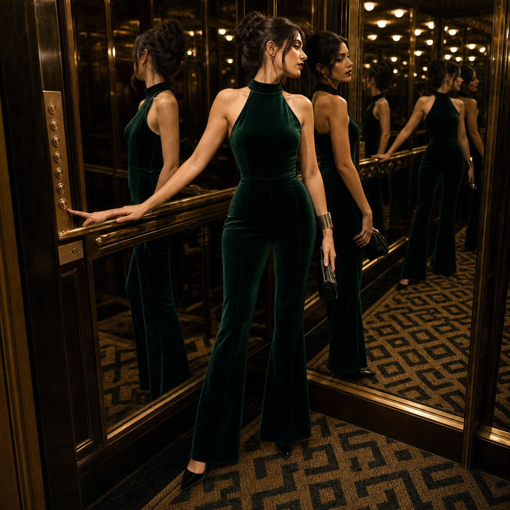 Woman in green jumpsuit in mirrored elevator, pressing button and holding a clutch, with reflections around her