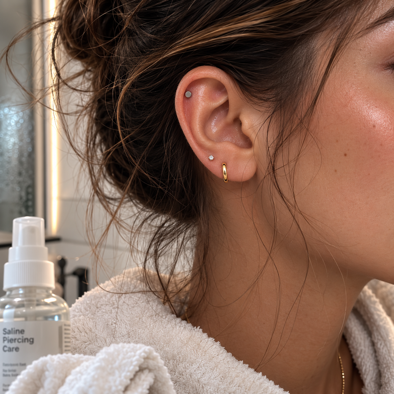 Close-up of a woman’s ear with multiple piercings, hair in a messy bun, and a saline piercing care spray nearby