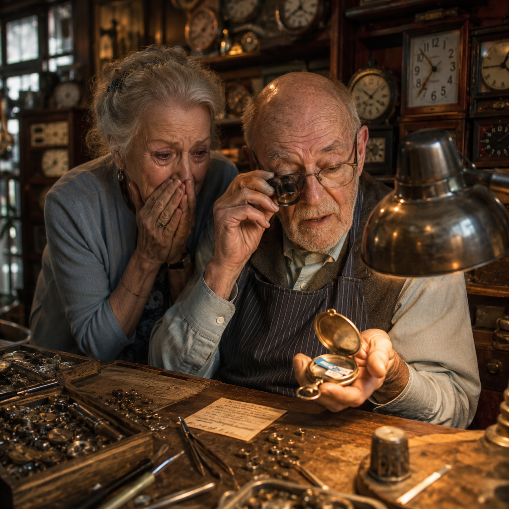 Elderly watchmaker inspects an open pocket watch under a lamp as a worried woman watches in a clock shop.