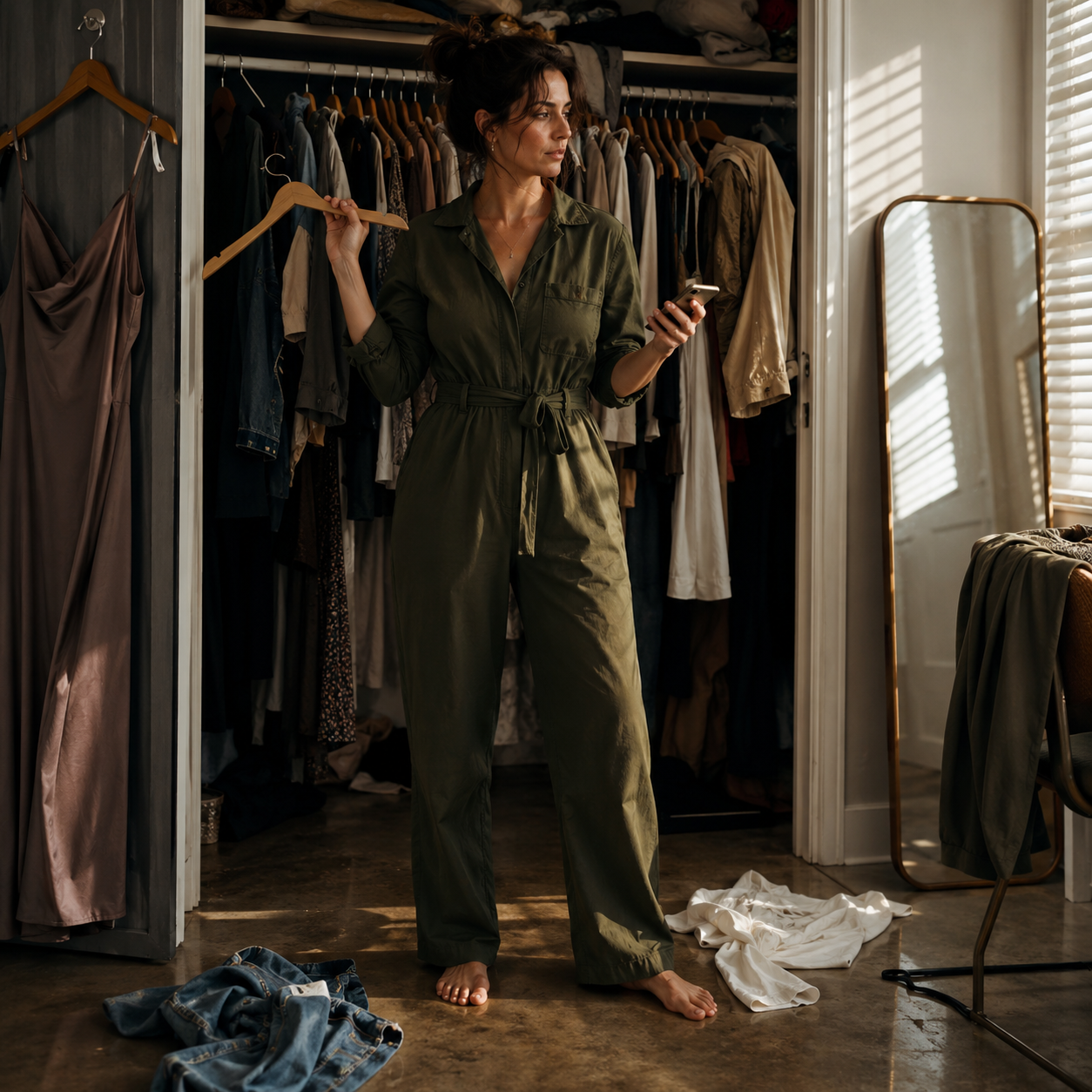 Woman in green jumpsuit choosing clothes in open closet, holding hanger and phone, with mirror and clothes on floor