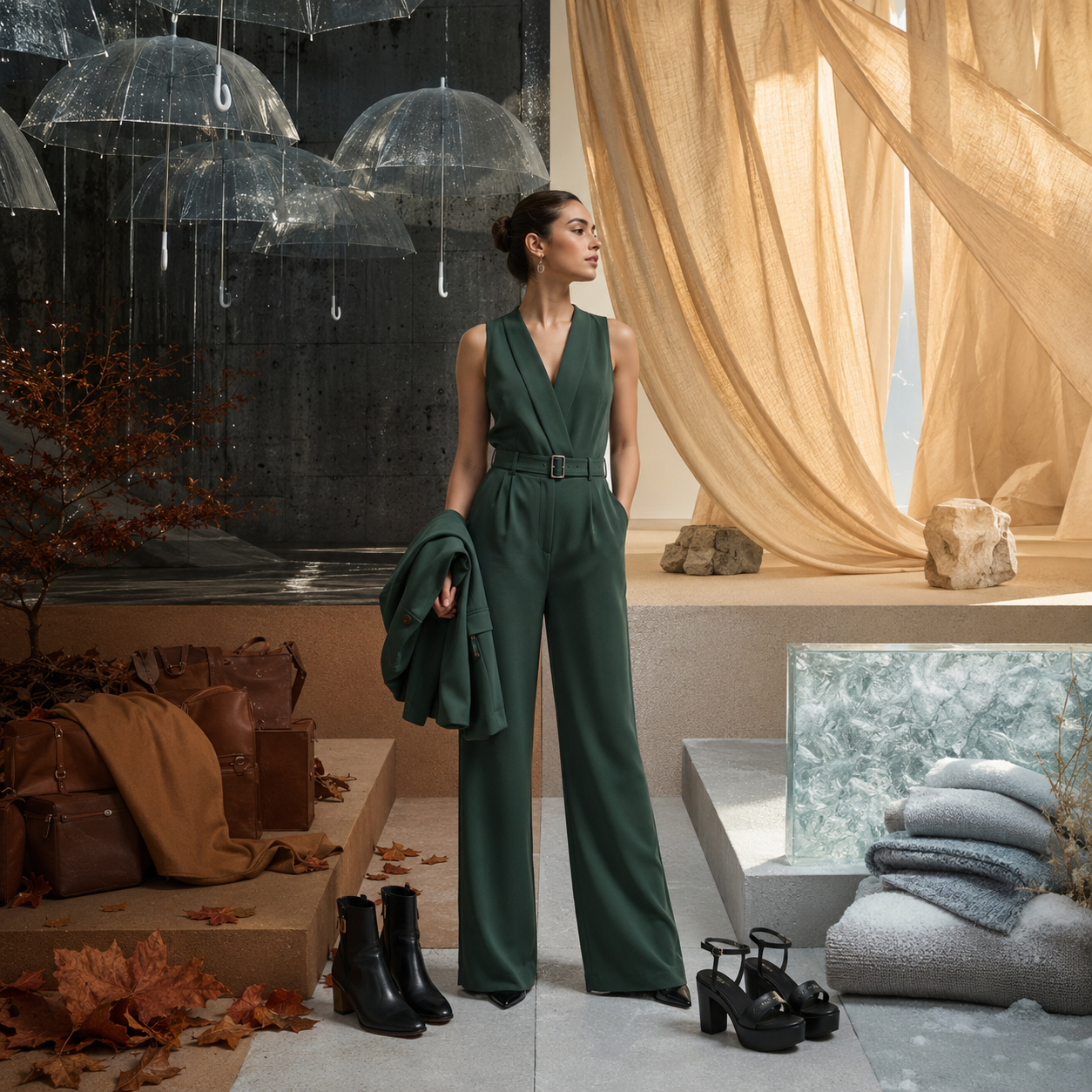 Woman in green jumpsuit holding jacket in stylish set with hanging umbrellas, draped curtains, bags, and shoes
