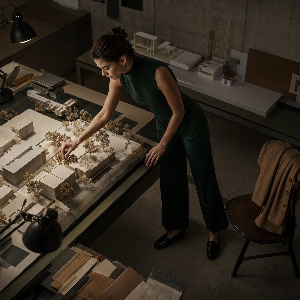 Woman adjusts trees on an architectural site model at a drafting table in a dimly lit studio.