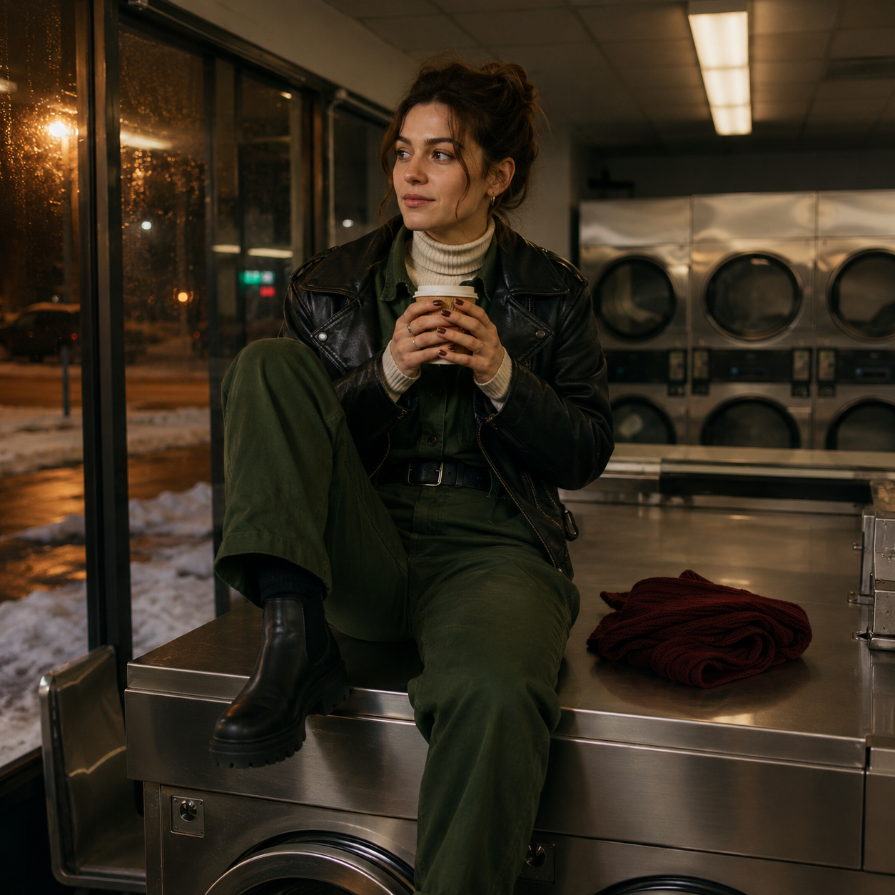 Person sitting on a laundromat washer holding a coffee, looking out rain-streaked window at night.