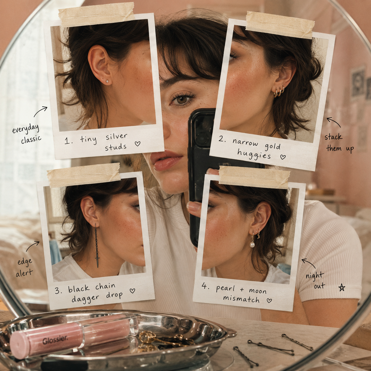 Mirror selfie collage showing four earring styles: tiny studs, gold huggies, black chain drop, pearl-and-moon mismatch.