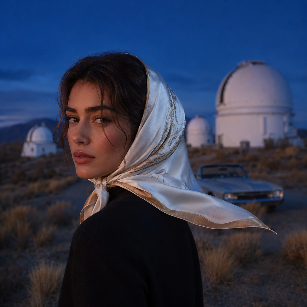 Woman in silk headscarf looks back at camera; observatory domes and a vintage car at dusk in desert landscape.