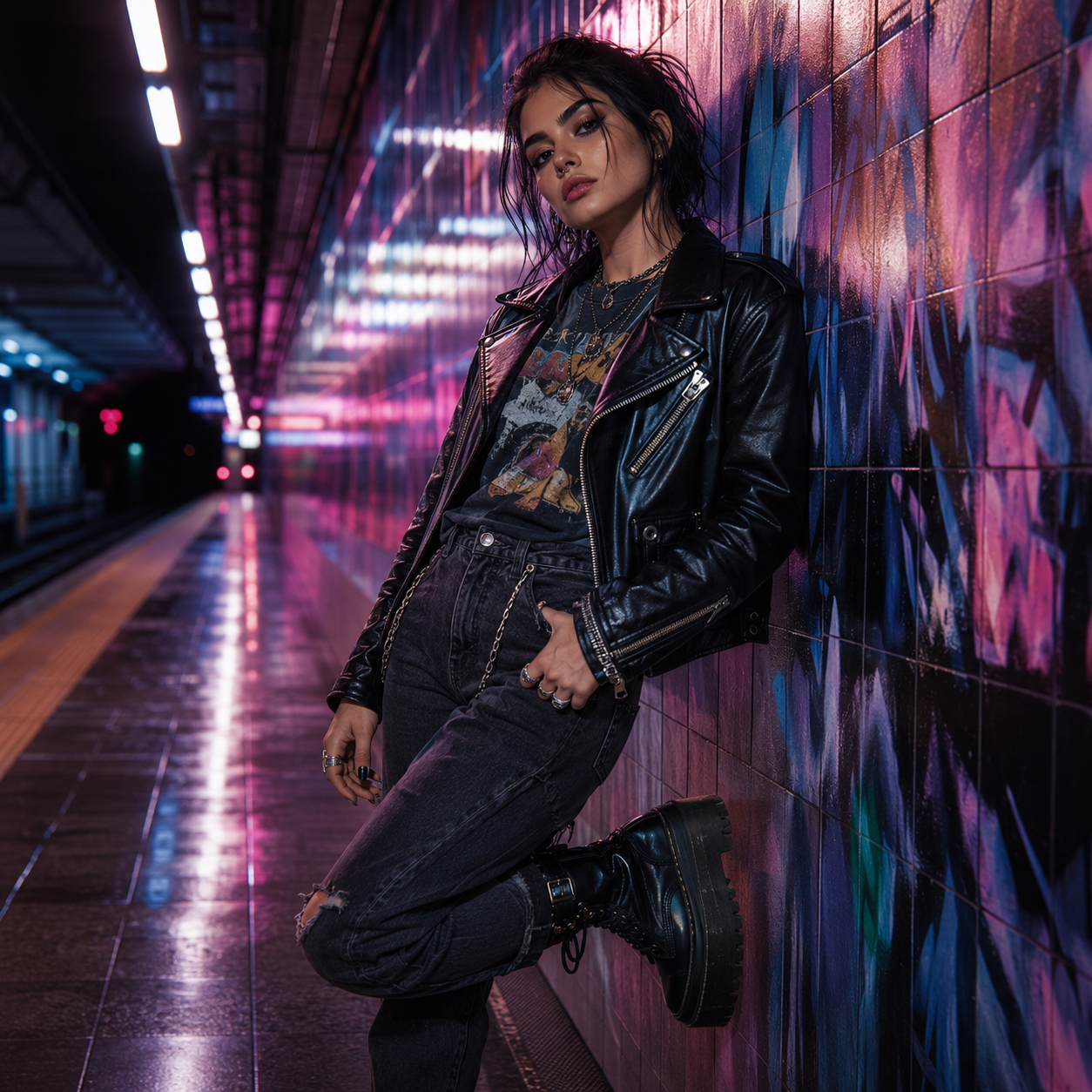 Person in leather jacket leaning against colorful graffiti wall on a subway platform with neon lighting