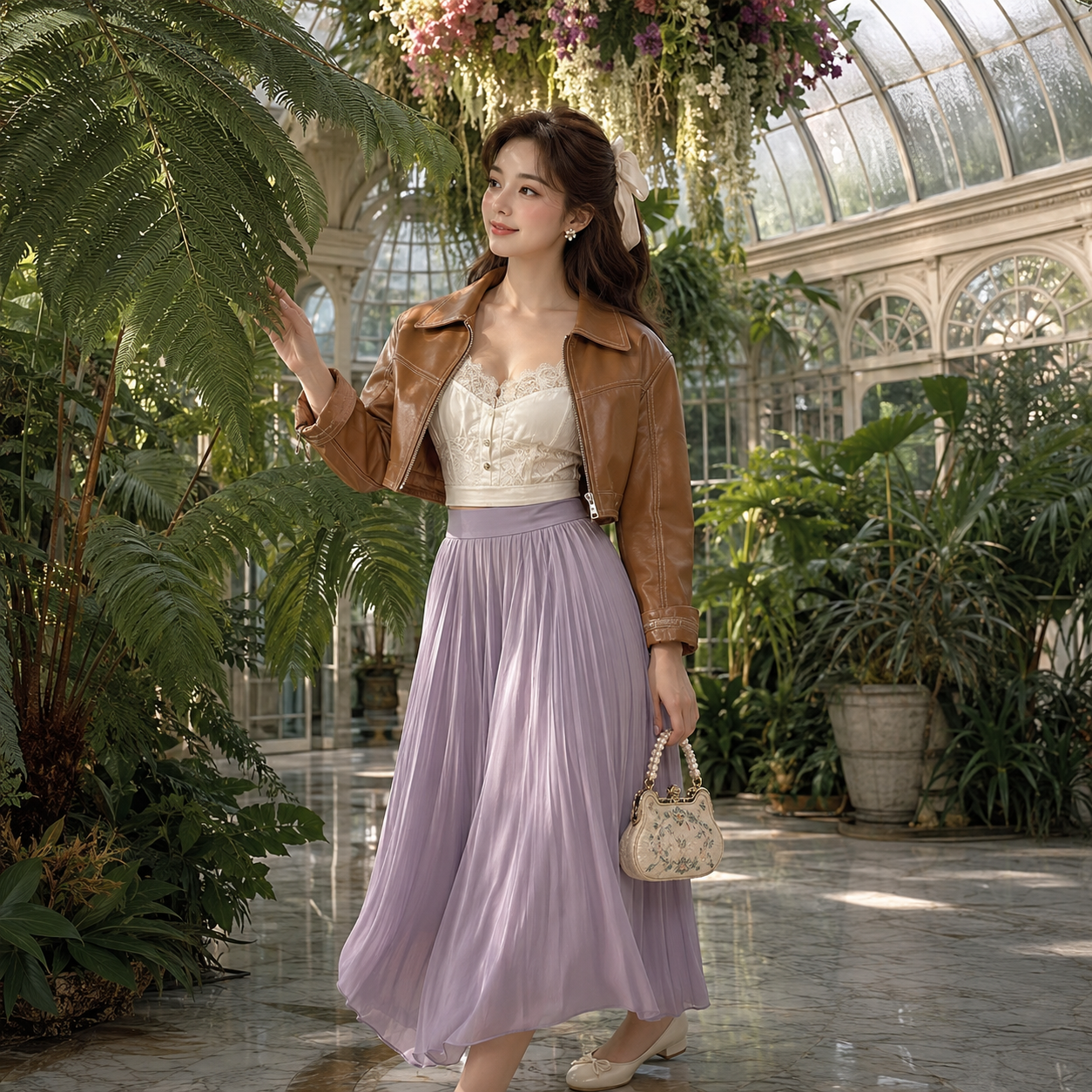 Woman in brown jacket and lilac skirt holding a handbag in a sunlit greenhouse with lush plants and flowers