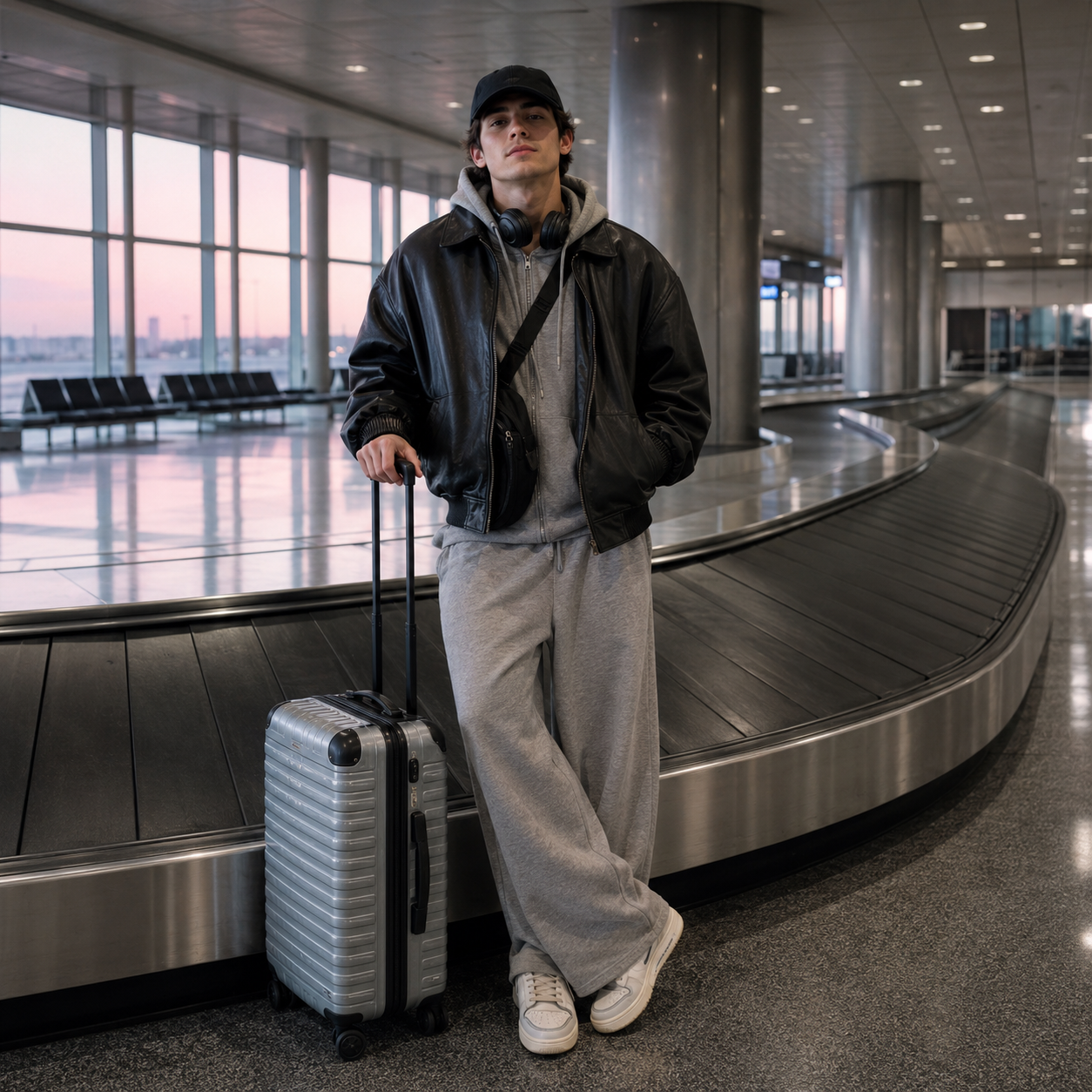 Traveler with suitcase leaning by airport baggage carousel in a bright terminal at sunrise.