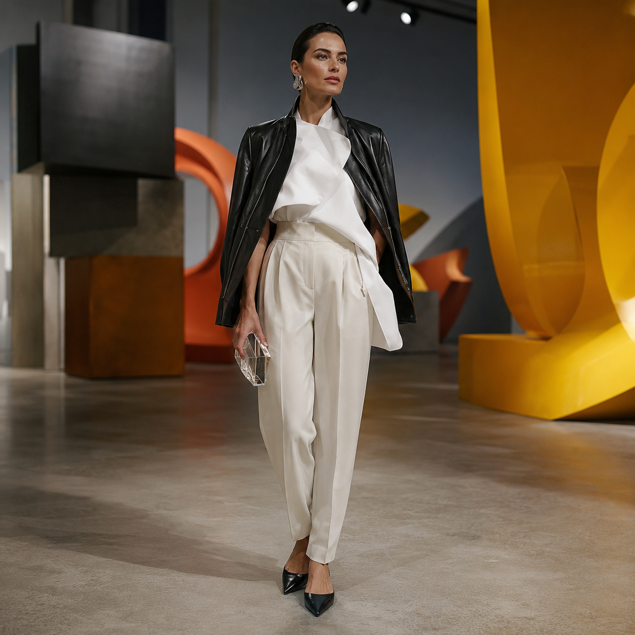 Model in white outfit with black leather jacket draped over shoulders, walking through a modern art space.