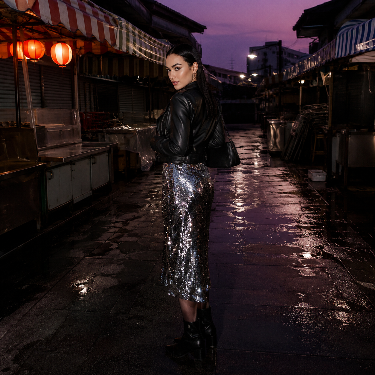 Woman in black leather jacket and silver sequin skirt stands in a wet market street at dusk under lanterns