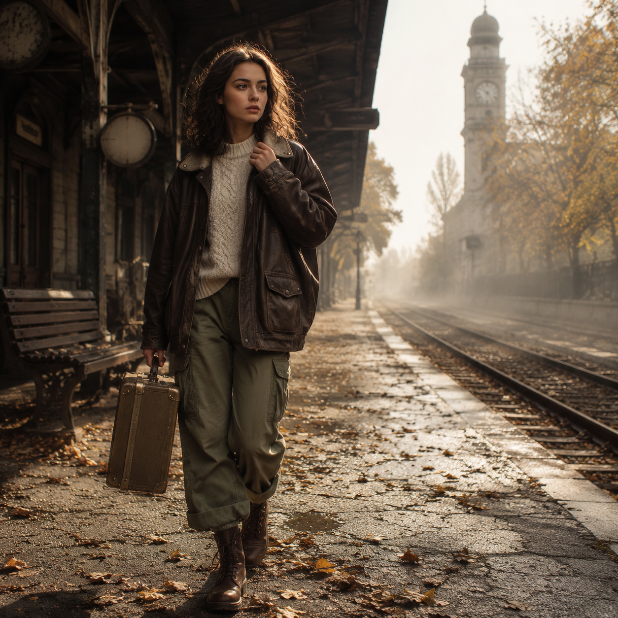 Woman in leather jacket walks along misty train platform with suitcase; clock tower in background, autumn leaves on ground