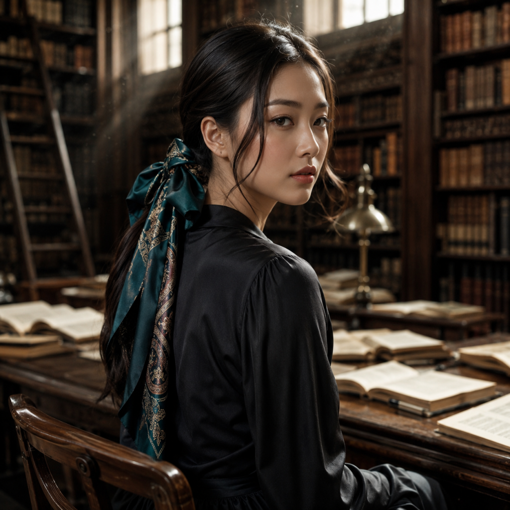 Woman with teal ribbon in hair turns at desk in vintage library, surrounded by open books and shelves