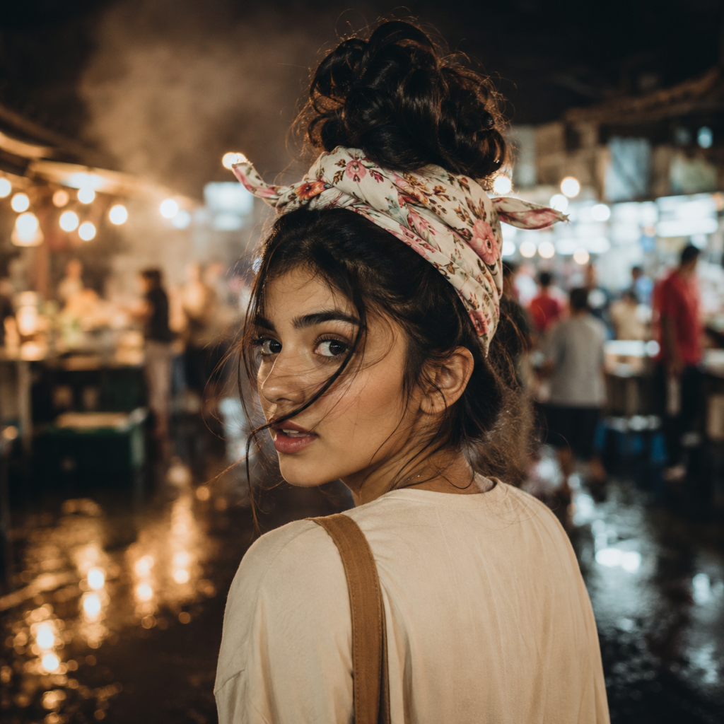 Woman with floral headscarf looks back at camera in a rainy night market with blurred lights and steam