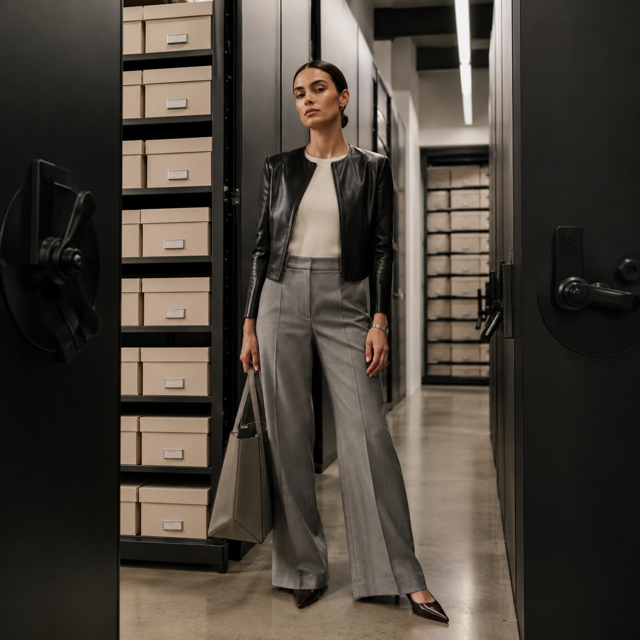 Woman in black leather jacket and gray trousers holding a tote in an archive corridor lined with storage boxes.