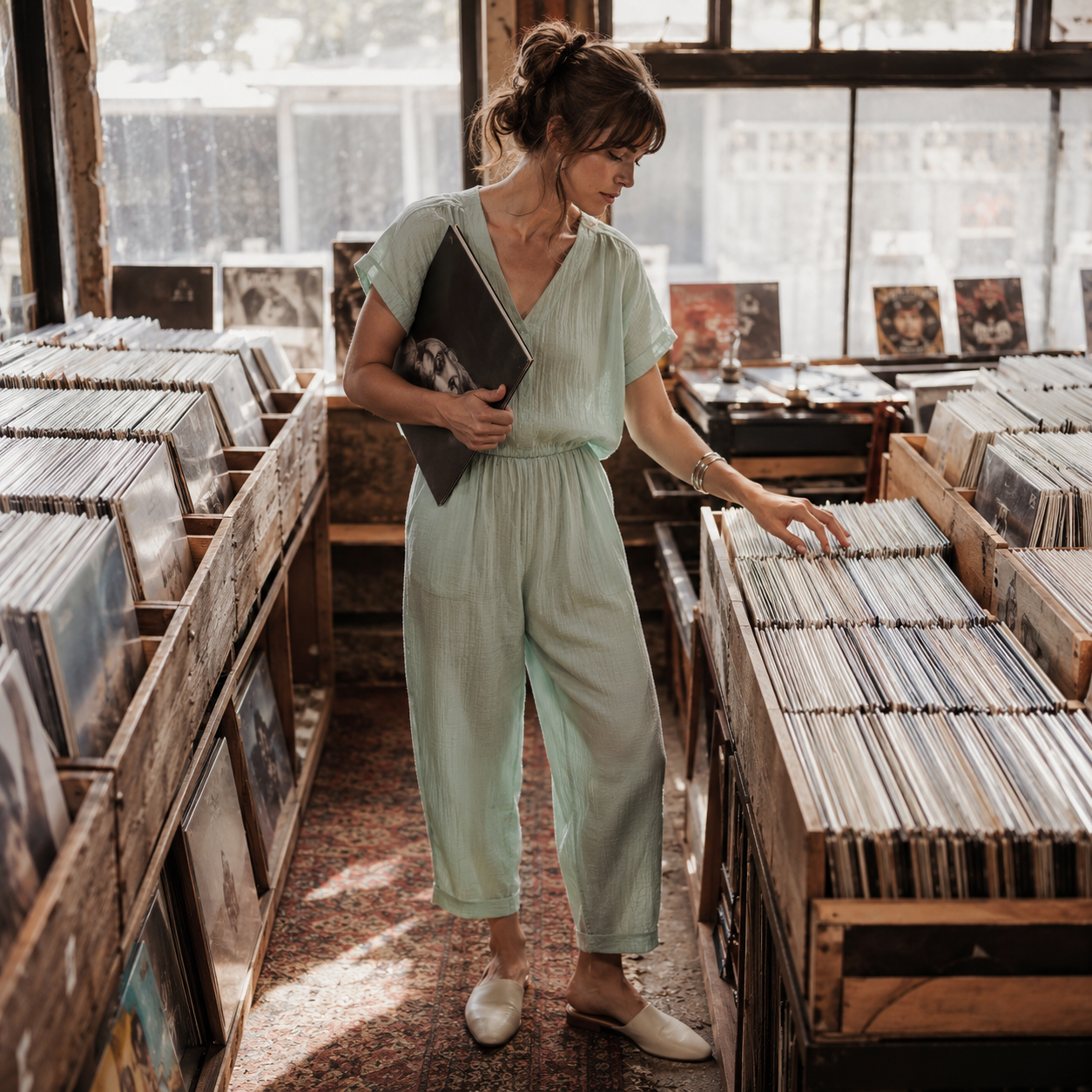 Woman browsing vinyl records in a record store, holding an album sleeve and flipping through bins by a window