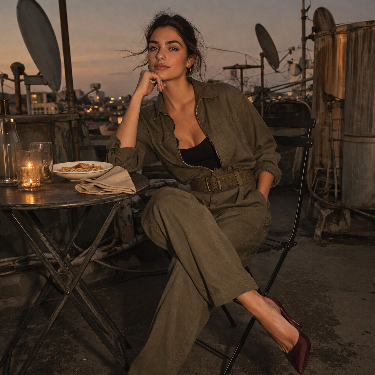 Woman in olive jumpsuit sits on rooftop at dusk beside candlelit table with pasta, city lights and satellite dishes behind