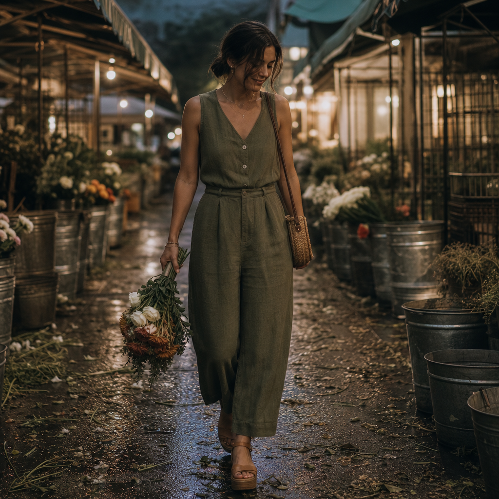 Woman in green jumpsuit walks through a flower market at dusk, holding a bouquet amid lit stalls.