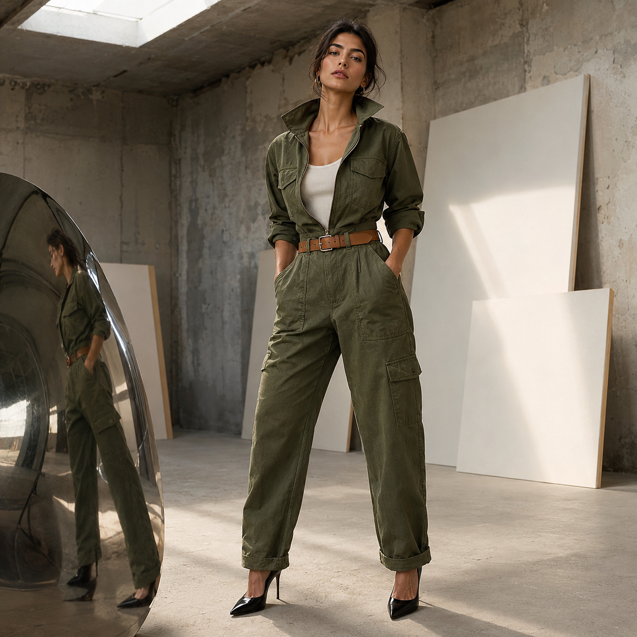 Woman in olive green jumpsuit with belt and heels standing in an industrial studio with canvases and mirror reflection